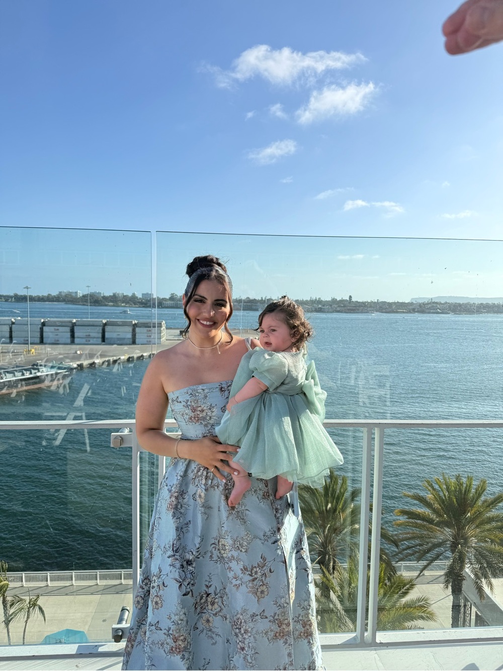 V. Chapman Blue Floral Strapless Gown with Mint Tulle Baby Dress